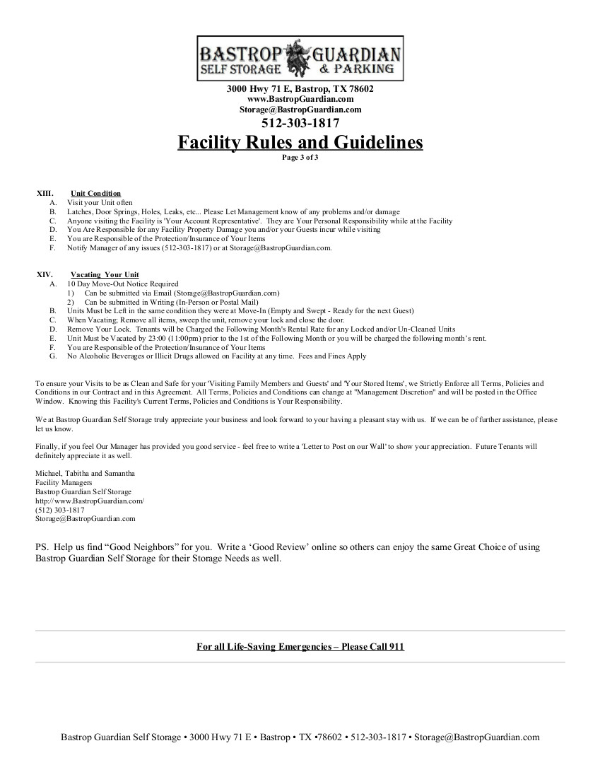 Download and Print Our Bastrop Guardian Storage Facility Rules and Guidelines